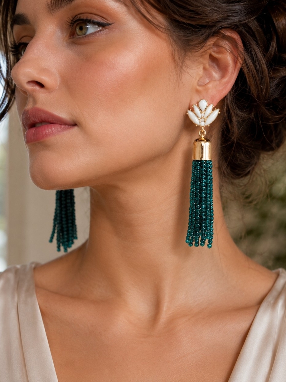Teal Beaded Tassel Earrings White Enamel Floral Gold Tone Statement Earrings